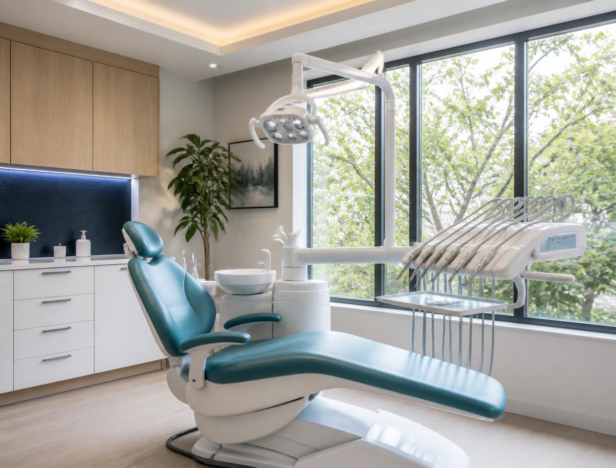 Modern dental treatment room with calm teal and blue tones